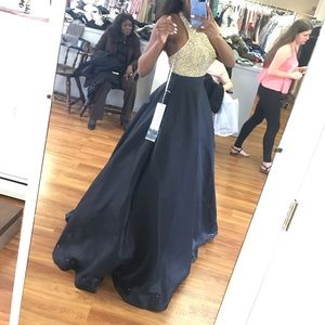 Jovani Black and Gold Halter Ball Gown #29160